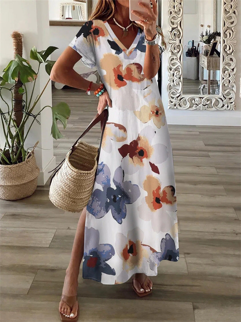 Drune | Frauen Kleider Blumenmuster V-Ausschnitt Kurzarm Schlitzkleid