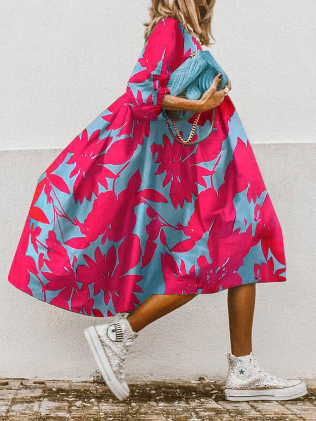 Drune | Frauen Kleider Lockeres Bedrucktes Halbarm Midi Kleid