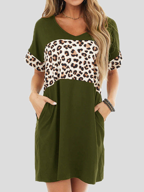 Drune | Damenkleider Crew Neck Leopard Panel Tasche Legeres Kleid