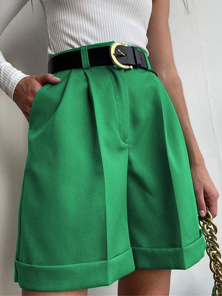 Drune | Damen Shorts Einfarbig Reißverschluss Tasche Gerade Shorts