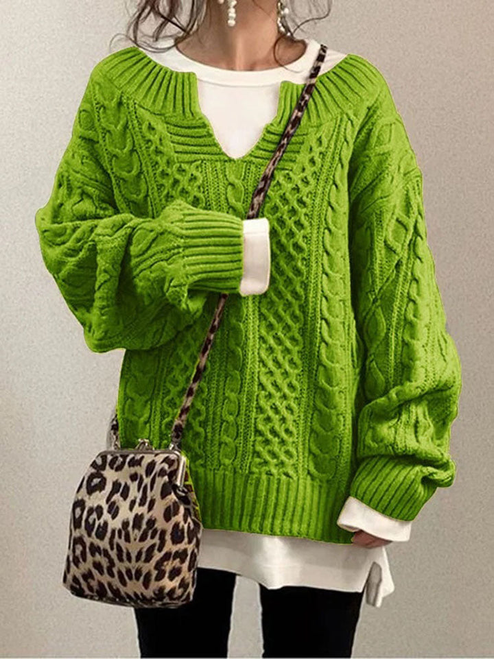 Drune | Kabelstrickpullover - Damen Herbst Grobstrickpullover mit Schlitzkragen