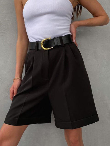 Drune | Damen Shorts Einfarbig Reißverschluss Tasche Gerade Shorts