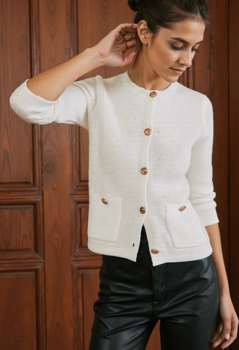Drune | Cardigan - Damen Herbst Weiß Strickcardigan mit Metallknöpfen