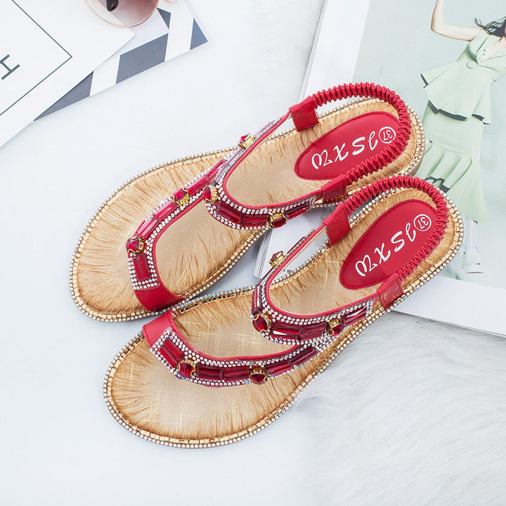 Drune | Cross Border Strass T-Strap Flache Sandale