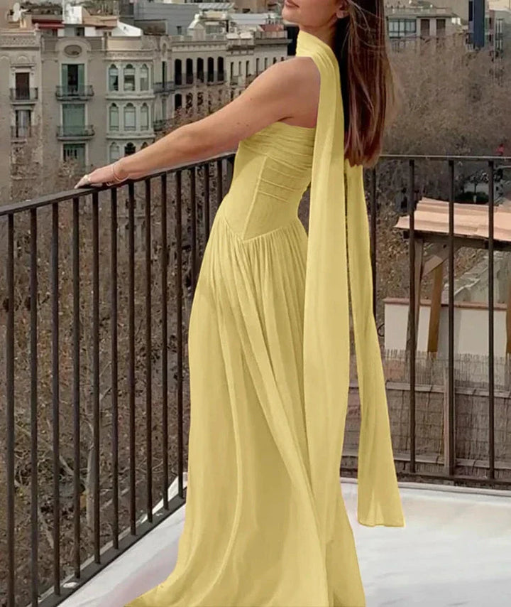 Drune | Patchwork Maxi Kleid Schal Rückenfrei Strapless Rüschen Bankett