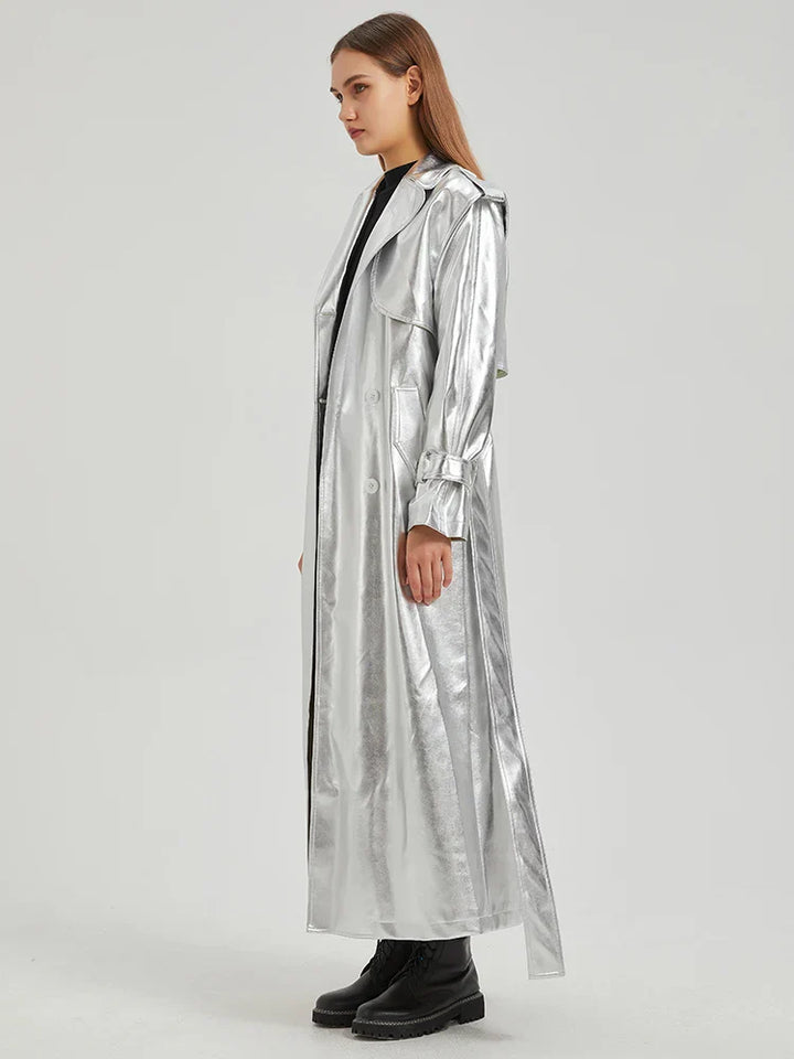 Drune | Lautaro Herbst Extra Lange Gold Glänzend Patent Pu Leder Trenchcoat für Frauen Einfache Schnalle Luxus Designer Übermantel