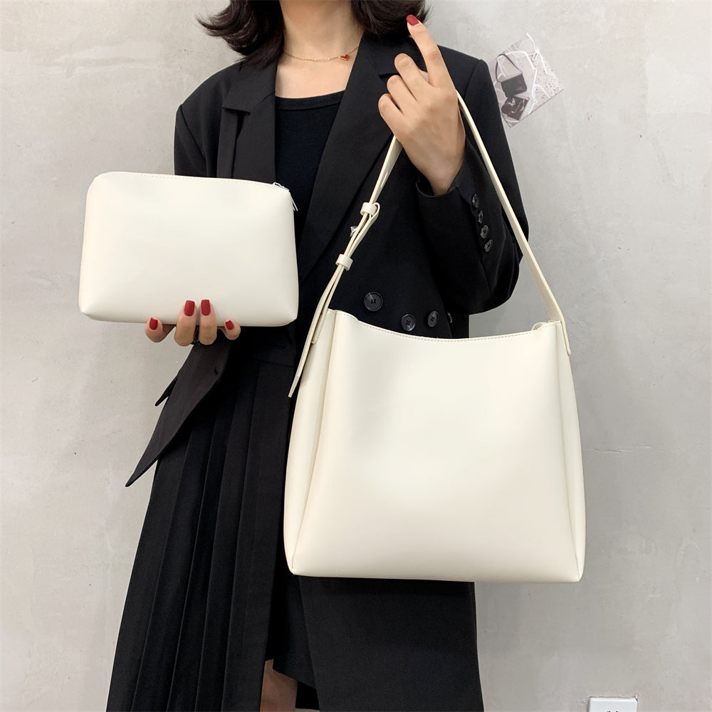 Drune Hochwertige Damen Shopper Große Kapazität Schultertasche Reine Farbe Breiter Riemen Weiches PU-Leder