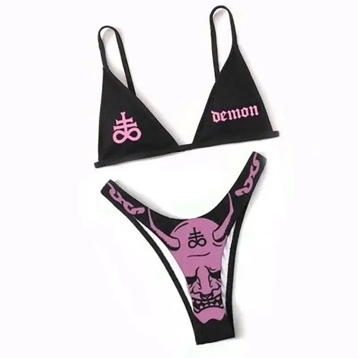 Drune | Sexy Goth Bikini Frauen Buchstaben Totenkopf Druck Badeanzug Split Badeanzug Hohe Taille Gotische Bikini Set Strandoutfits