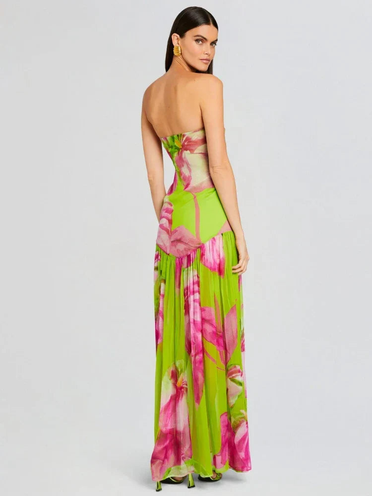 Drune | Neues Sommerdruck Strapless Mesh Patchwork Schlitz Lang Kleid Frauen Sexy Ärmellos Gedruckt Bunt Ferien Maxi Kleid Party