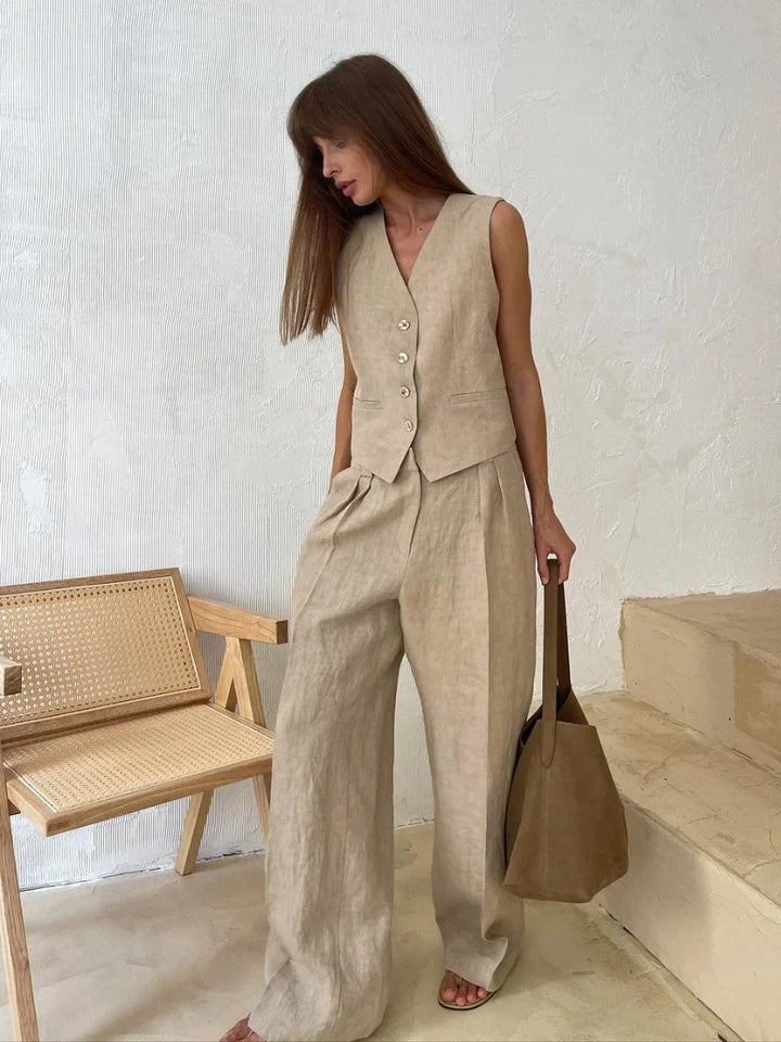 Drune | Wollgefühl Frauen Leinen Baumwolle Schick Weste ＆ Hosen Set Zweiteiliges Set Büro Damen Sommer Schick 2 Teiliges Set Damen Outfits