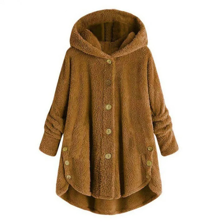 Drune | Fleecejacke Relaxed Fit mit Kapuze Knopfverschluss Extralang Hinten