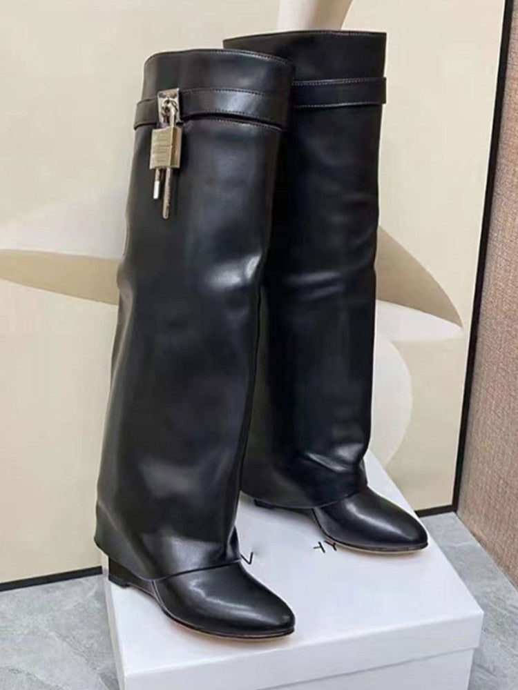 Drune | Damen Kniehoge Stiefel Shark Lock Lange Dicke Sohlen High Heels Stiefel Designer Luxusmarke Damen Lederstiefel