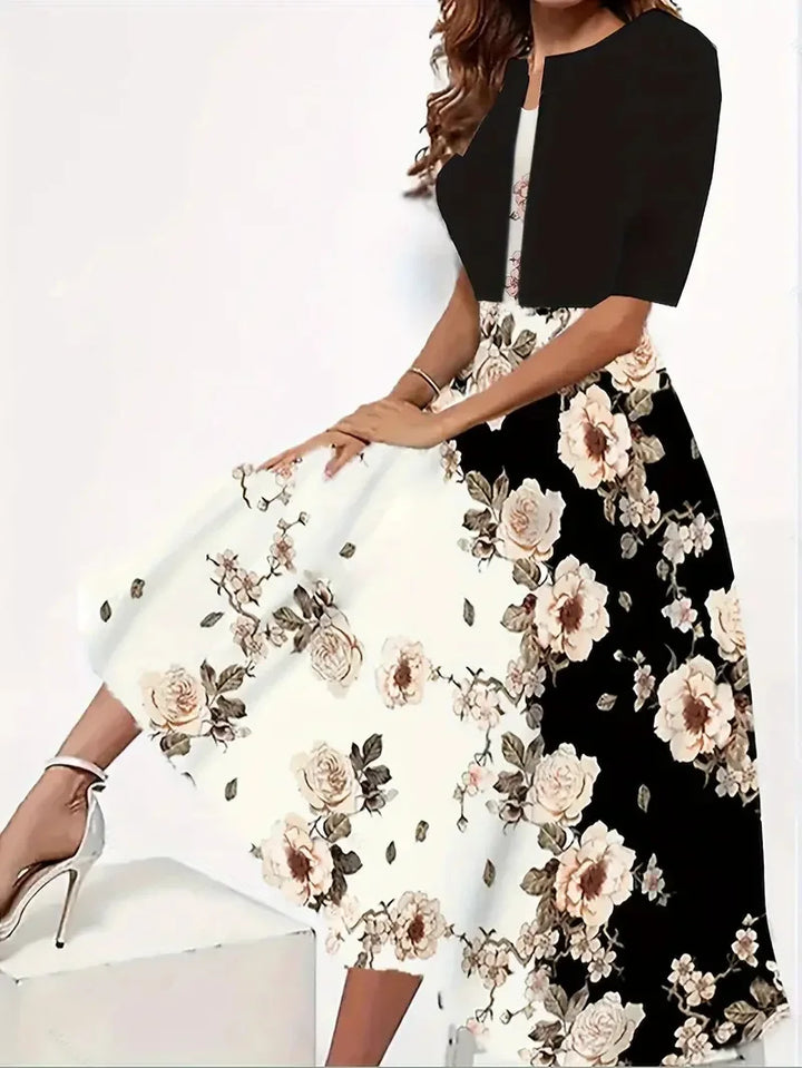 Drune | Neu für Den Sommer! Eu Us Herbst Frau 2 Lang Kleid Set Blumen und Graspunkt Crew Neck Kleid mit Chiffon Kurzjacke