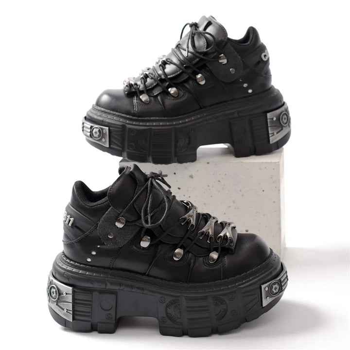 Drune | Frauen Ankle Boots für Frauen Dicke Sohle Schnürsenkel Metall Dekoration Runde Zehen Plattform Schuhe Ladeis Punk Gothic Sneakers