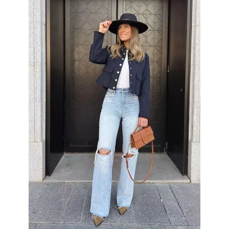 Drune | Cropped Aviator Bomberjacke mit Knopfleiste und Taschen