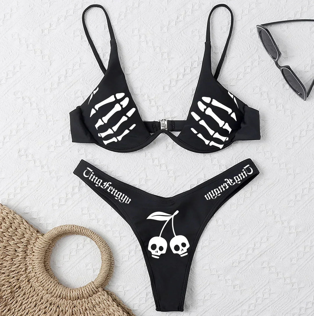 Drune | Sexy Goth Bikini Frauen Buchstaben Totenkopf Druck Badeanzug Split Badeanzug Hohe Taille Gotische Bikini Set Strandoutfits
