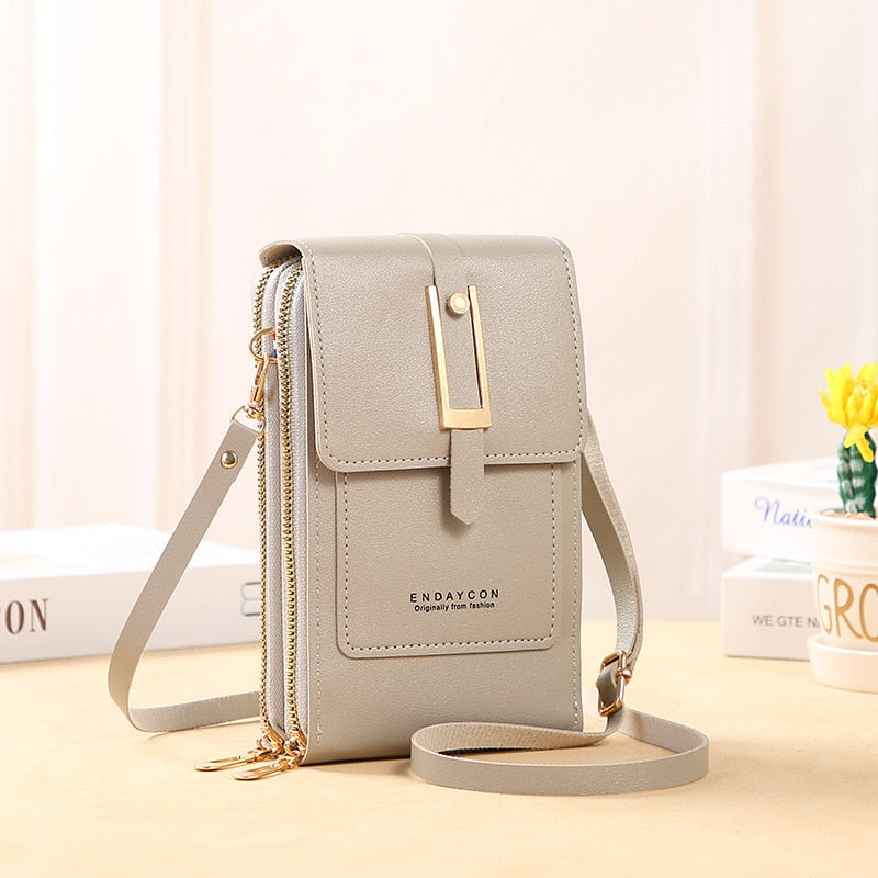 Drune | Leder Smartphone Clutch Damen Handtasche mit Touchscreen-Fenster