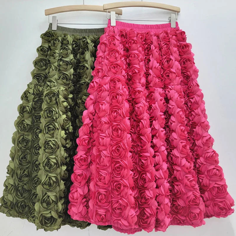 Drune | Herbst Neu Vielseitig Drei Dimensional Blumen Mittlere Falten Rock Hohe Taille Große Schwung Mode A-Linie Röcke Frauen