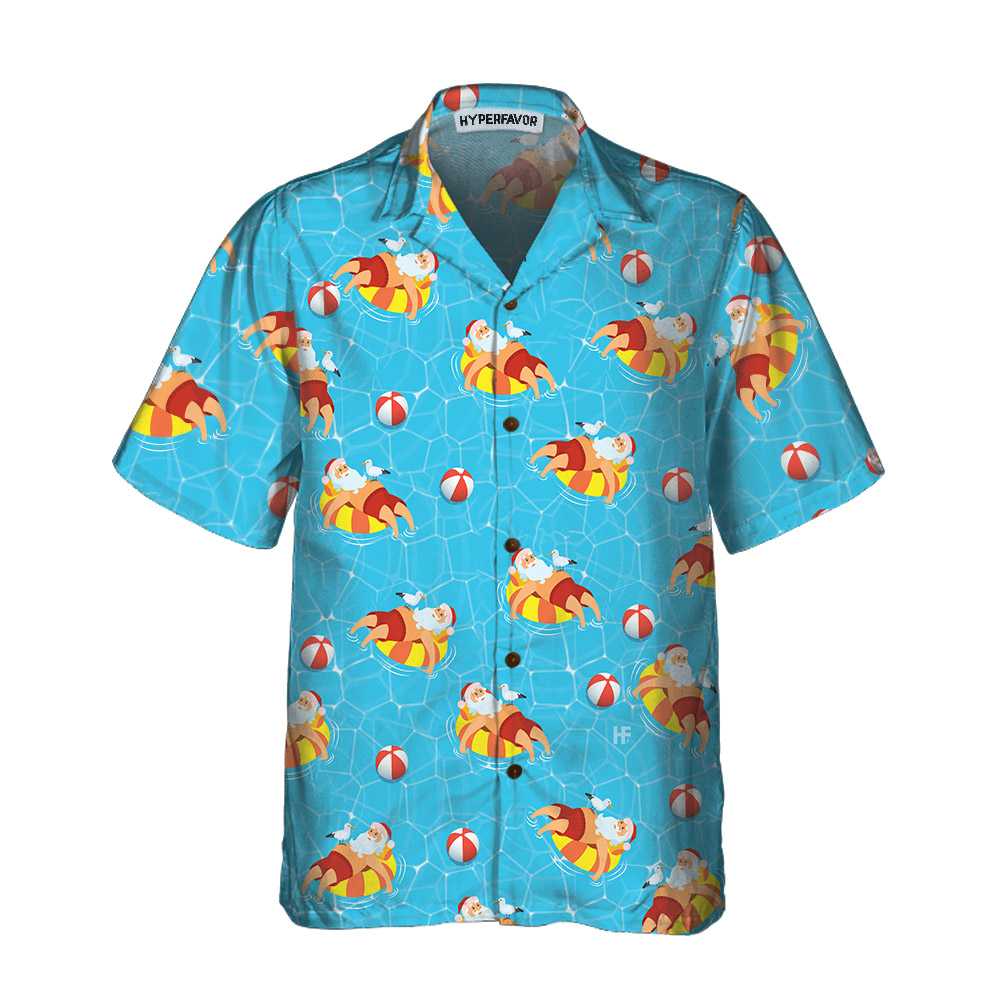 Drune | Santa Claus Im Schwimmbad Muster Hawaiian Shirt, Lustiges Santa Claus Shirt, Geschenk Für Weihnachten