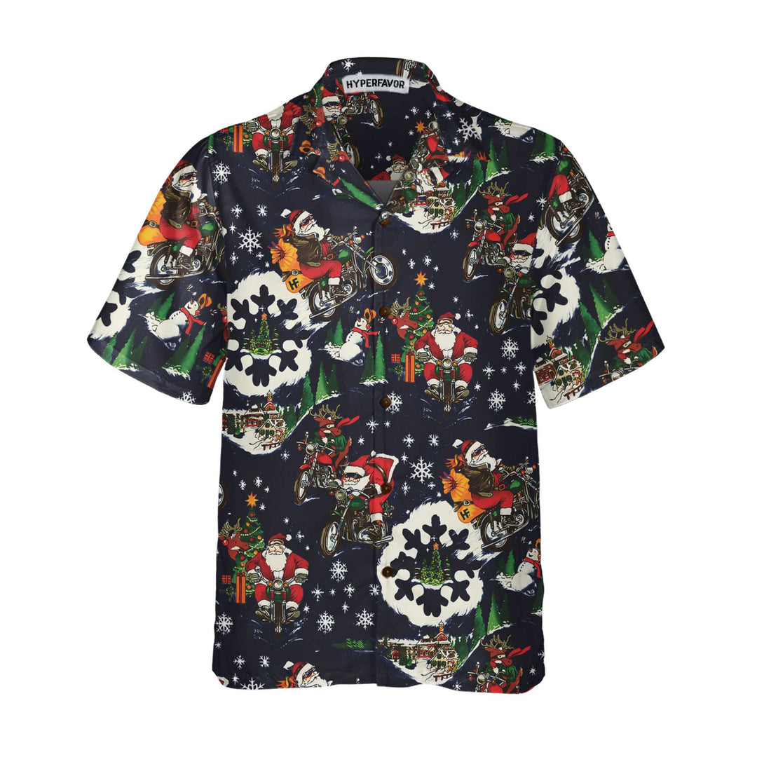 Drune | Santa auf Motorrad Blaue Weihnachts-Hawaiian-Shirt für Männer, Lustiges Weihnachtsgeschenk für Motorradliebhaber