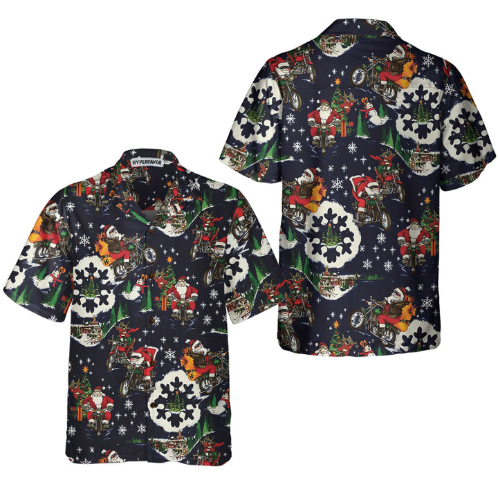 Drune | Santa auf Motorrad Blaue Weihnachts-Hawaiian-Shirt für Männer, Lustiges Weihnachtsgeschenk für Motorradliebhaber
