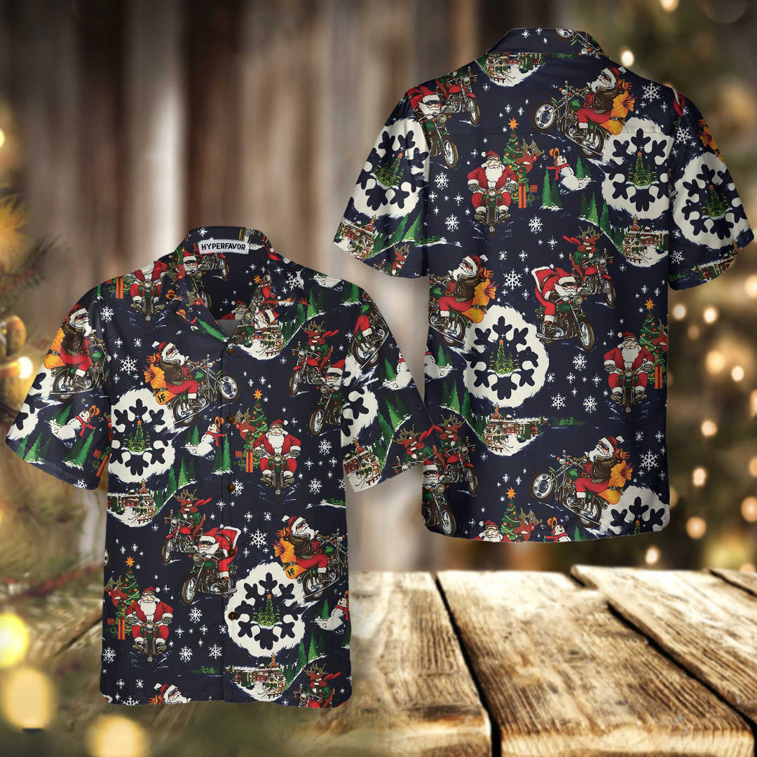 Drune | Santa auf Motorrad Blaue Weihnachts-Hawaiian-Shirt für Männer, Lustiges Weihnachtsgeschenk für Motorradliebhaber