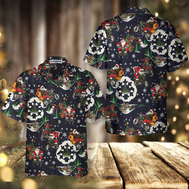 Drune | Santa auf Motorrad Blaue Weihnachts-Hawaiian-Shirt für Männer, Lustiges Weihnachtsgeschenk für Motorradliebhaber