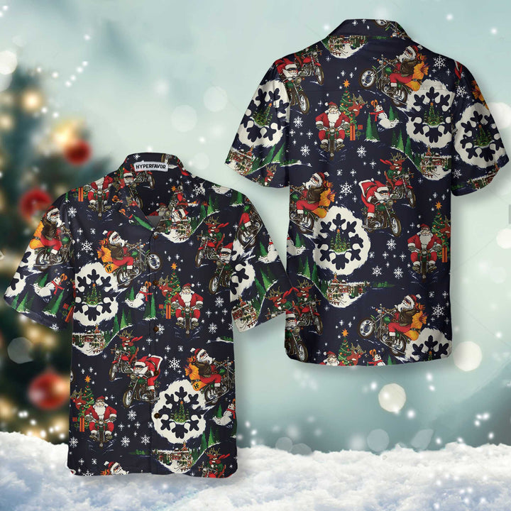 Drune | Santa auf Motorrad Blaue Weihnachts-Hawaiian-Shirt für Männer, Lustiges Weihnachtsgeschenk für Motorradliebhaber