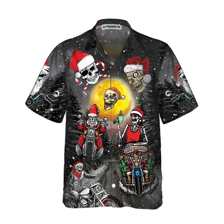Drune | Santa Skeleton Fröhliche Weihnachten Hawaiian Shirt, Lustiges Motorrad Schädel Biker Weihnachts Shirt, Geschenk zu Weihnachten