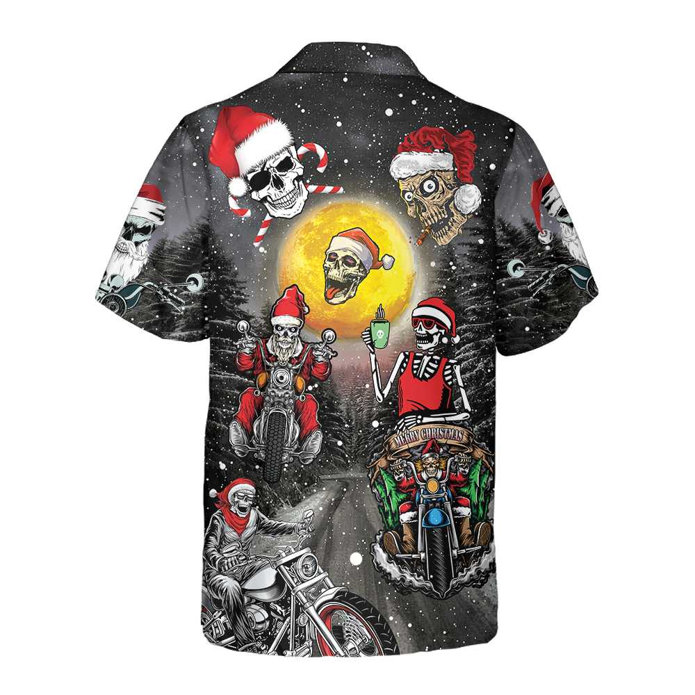 Drune | Santa Skeleton Fröhliche Weihnachten Hawaiian Shirt, Lustiges Motorrad Schädel Biker Weihnachts Shirt, Geschenk zu Weihnachten