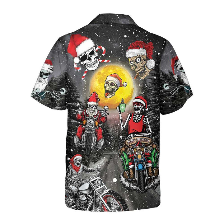 Drune | Santa Skeleton Fröhliche Weihnachten Hawaiian Shirt, Lustiges Motorrad Schädel Biker Weihnachts Shirt, Geschenk zu Weihnachten