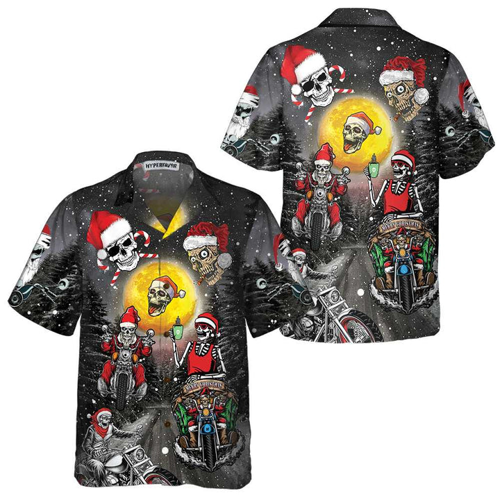 Drune | Santa Skeleton Fröhliche Weihnachten Hawaiian Shirt, Lustiges Motorrad Schädel Biker Weihnachts Shirt, Geschenk zu Weihnachten