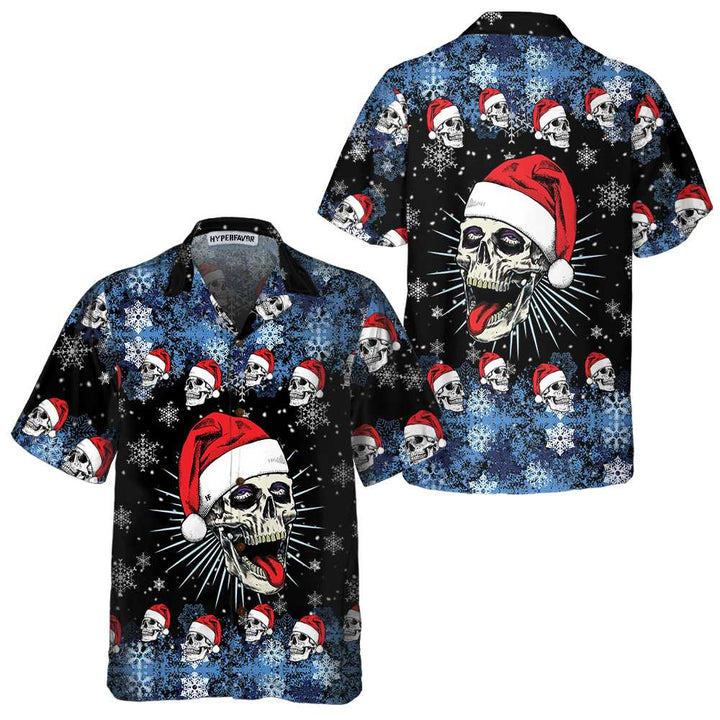 Drune | Santa Skull & Schneeflocken Hawaiian Shirt, Lustiges Weihnachts Totenkopf Shirt, Beste Weihnachtsgeschenk Idee