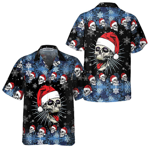 Drune | Santa Skull & Schneeflocken Hawaiian Shirt, Lustiges Weihnachts Totenkopf Shirt, Beste Weihnachtsgeschenk Idee