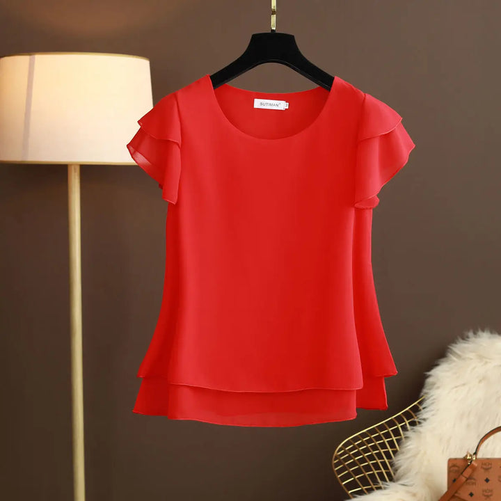 Drune | Chiffon Bluse mit O-Ausschnitt und Kurzen Ärmeln