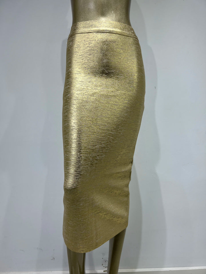 Drune | Frauen Sommerrock Sexy Silber Gold Bronzing Midi Bandage Rock High Street Designer Schlanker Fest Midi Bleistiftrock 78Cm