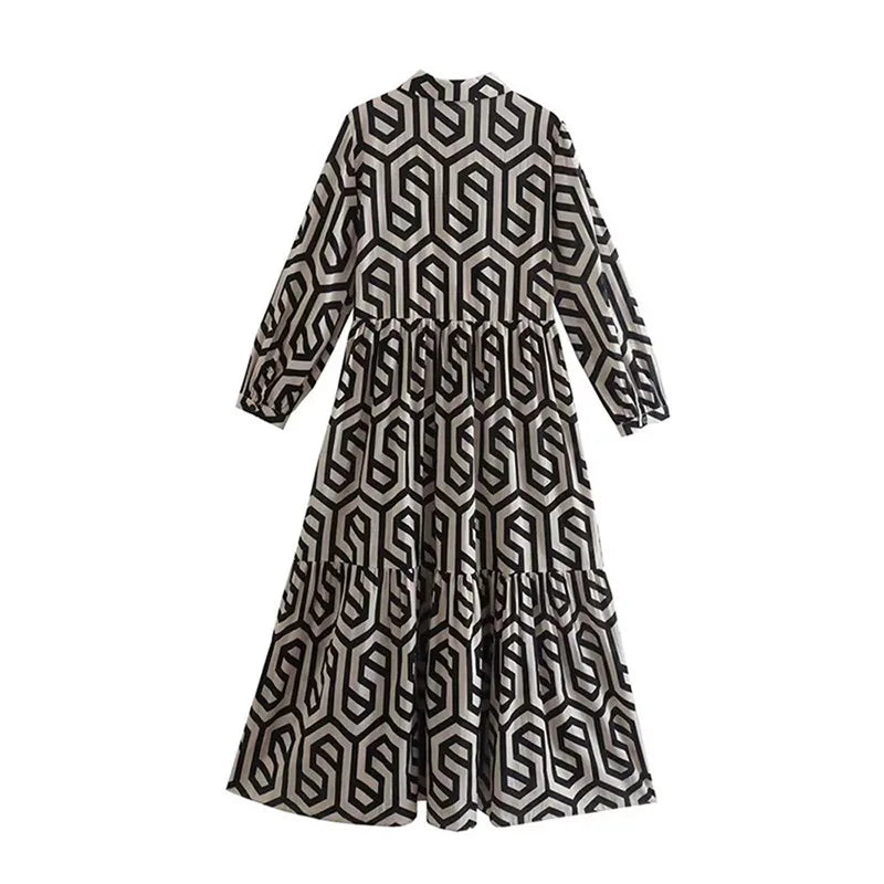 Drune | Langarm Maxikleid mit Geometrischem Druck für Frauen Winsett