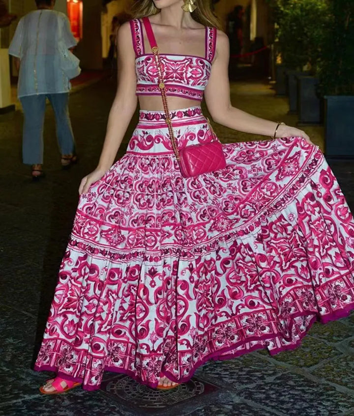 Drune Flower Zweiteiler | Stilvolles Top und Maxirock bedrucktes Sommer-Damen-Set