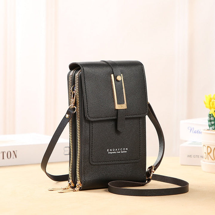 Drune | Leder Smartphone Clutch Damen Handtasche mit Touchscreen-Fenster