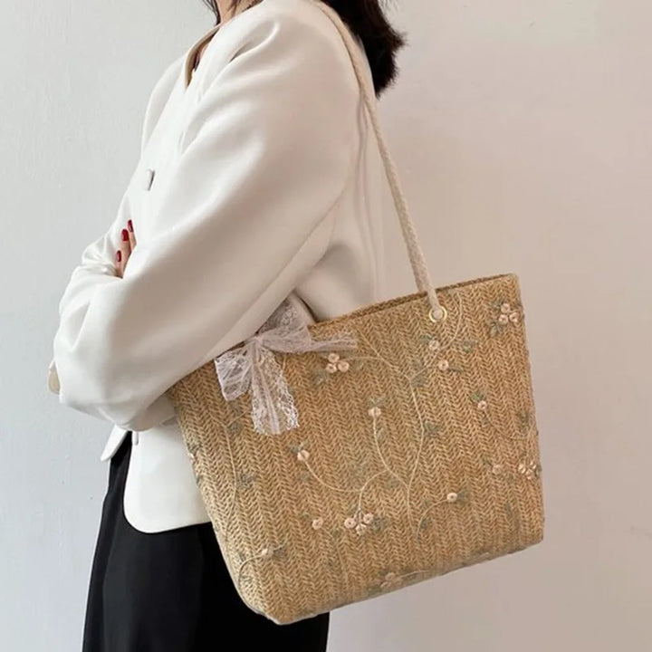 Drune Sommer Tasche | Moderne Damen-Midi-Handtasche mit Blumenprint und Spitzen-Schleife
