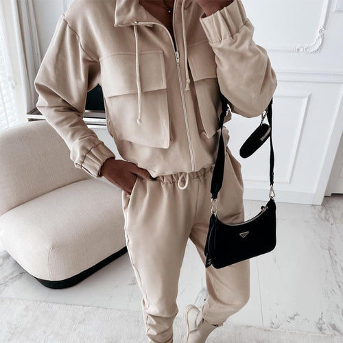 Drune | Herbst Casual Cargo - Sportanzug Mode Frau - Jacke und lange Hose mit Reißverschluss