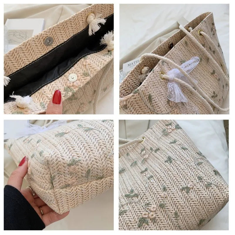 Drune Sommer Tasche | Moderne Damen-Midi-Handtasche mit Blumenprint und Spitzen-Schleife