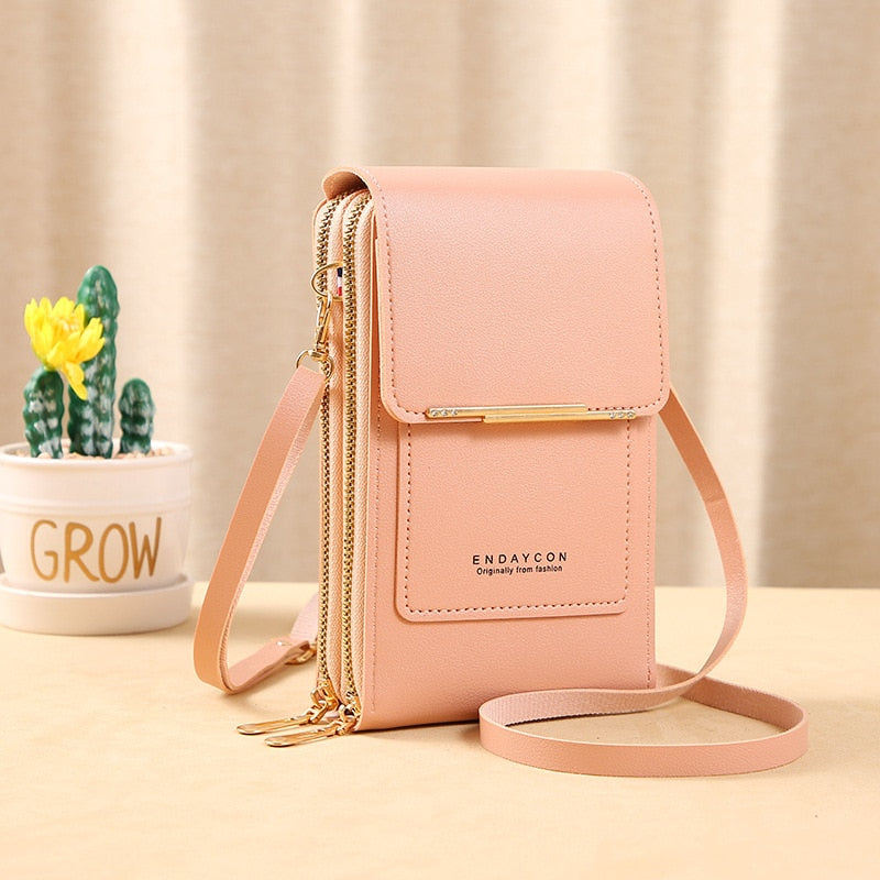Drune | Leder Smartphone Clutch Damen Handtasche mit Touchscreen-Fenster
