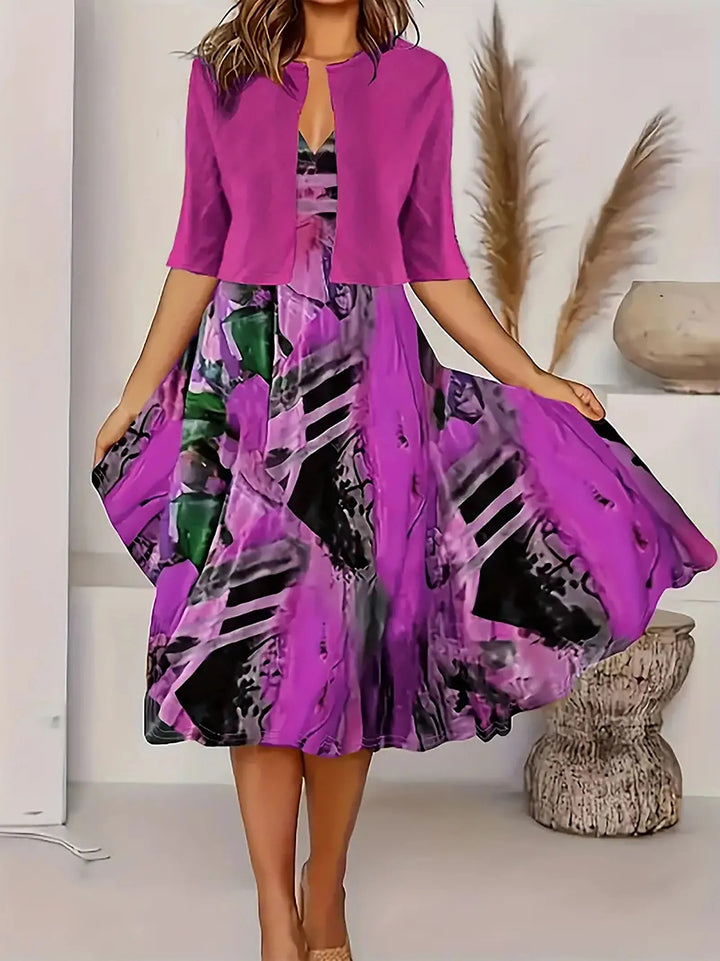 Drune | Neu für Den Sommer! Eu Us Herbst Frau 2 Lang Kleid Set Blumen und Graspunkt Crew Neck Kleid mit Chiffon Kurzjacke