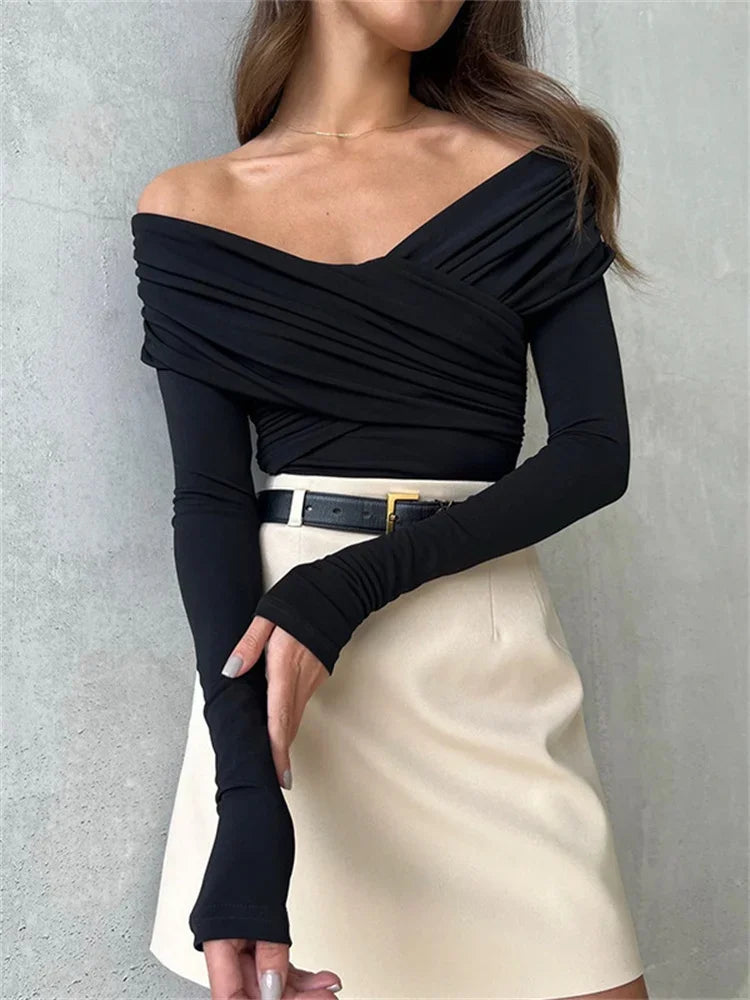 Drune Off-Shoulders Bodysuit | Moderner eleganter plissierter Damen-Bodysuit
