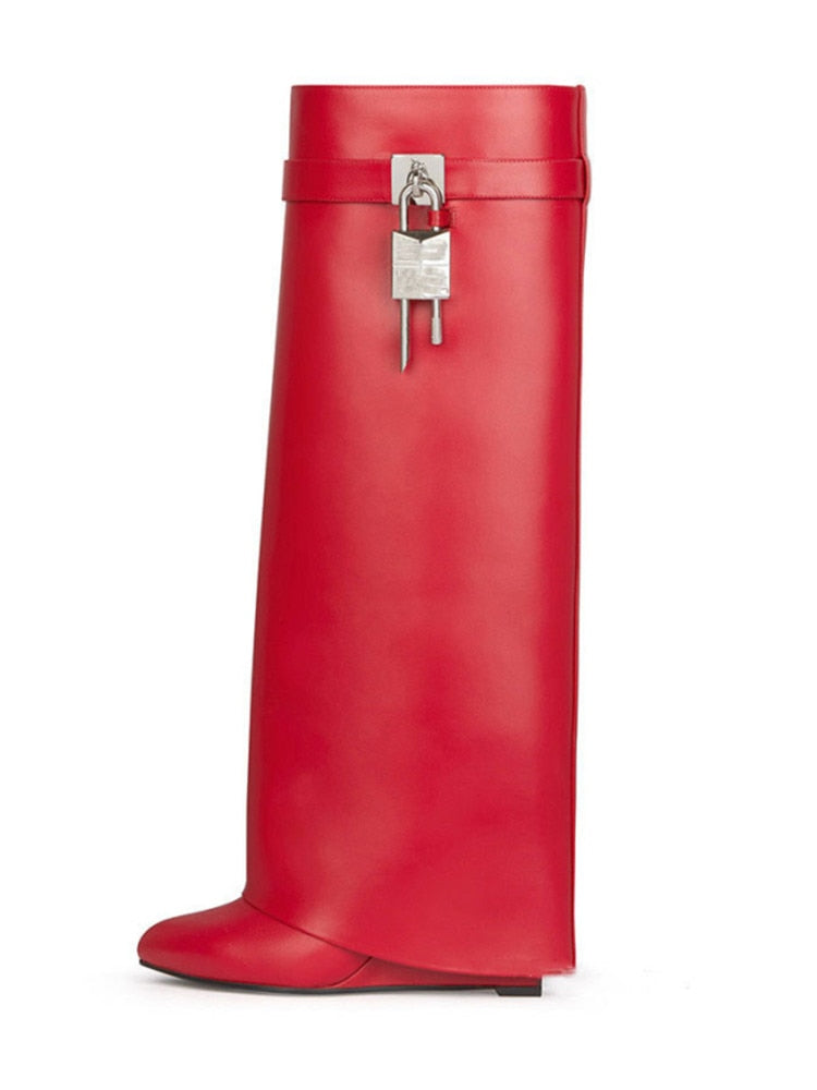 Drune | Damen Kniehoge Stiefel Shark Lock Lange Dicke Sohlen High Heels Stiefel Designer Luxusmarke Damen Lederstiefel