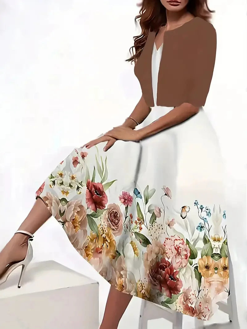 Drune | Neu für Den Sommer! Eu Us Herbst Frau 2 Lang Kleid Set Blumen und Graspunkt Crew Neck Kleid mit Chiffon Kurzjacke