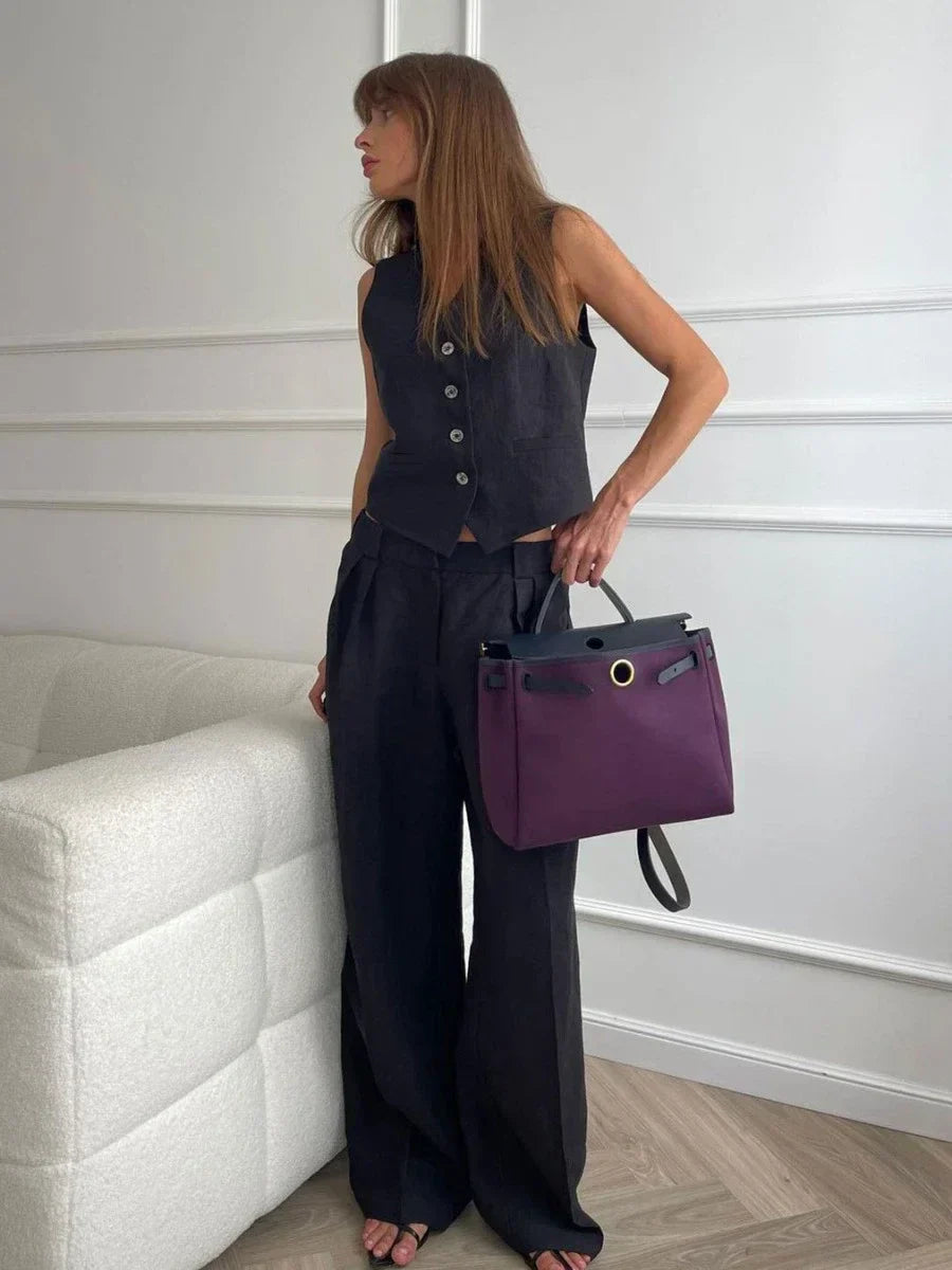 Drune | Wollgefühl Frauen Leinen Baumwolle Schick Weste ＆ Hosen Set Zweiteiliges Set Büro Damen Sommer Schick 2 Teiliges Set Damen Outfits