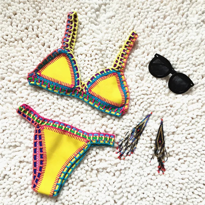 Drune | Gestrickter Bikini 2 Teilig Schwimmanzug für Frauen, Sommerstrandurlaub Badebekleidung, Sexy Dreieckiger Cup V-Ausschnitt Träger-Schwimmbekleidung