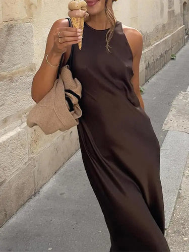 Drune | Einfarbiges Satin Ärmelloses Maxikleid